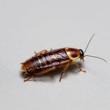 Scientific macro photography of a German cockroach, Blattella germanica, isolated on a clean neutral grey background, showing distinct dark parallel bands on its pronotum.