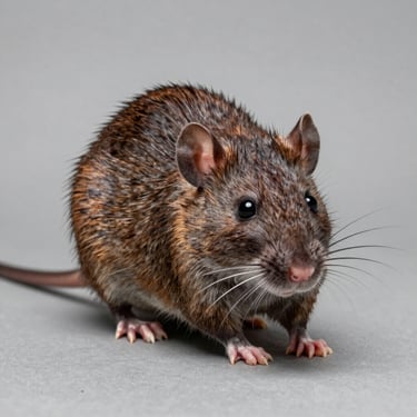 Scientific macro photography of a sewer rat, Rattus norvegicus, clean studio lighting, neutral background, showing identifying coarse fur and rounded ears.