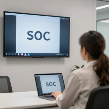 Smiling businesswoman working on a laptop in a bright office space.