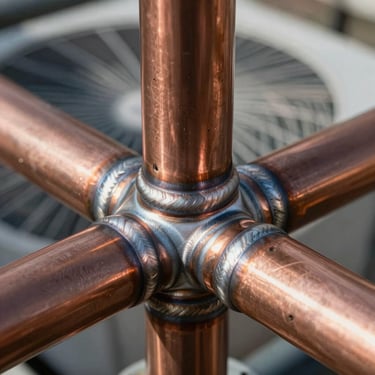 Close-up of clean copper welds on a coastal HVAC installation, illuminated by a crisp daylight beam, showcasing technical precision.