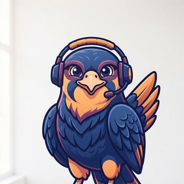 A friendly, minimalist vector illustration of a clean falcon mascot wearing a small headset, smiling, orange and purple accents, solid white background.