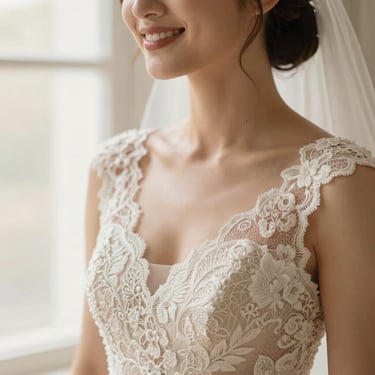 Close-up of a smiling bride in a detailed lace wedding dress, warm lighting, soft focus, square aspect