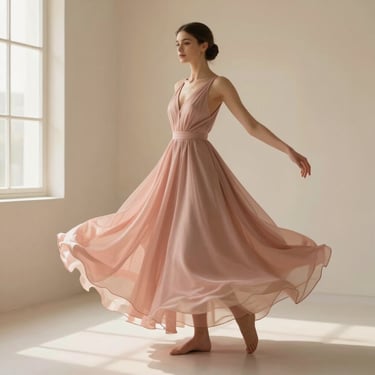 Elegant debutante in a fluid rose quartz gown spinning gently, fabric in motion, warm studio light, square aspect