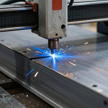 Macro close-up of a high-capacity CNC plasma cutter slicing through a thick structural steel plate, cool blue sparks flying, sharp metal edge showing millimeter-tolerance precision.