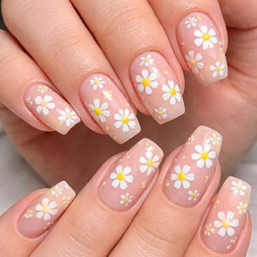 Nude square-shaped coffin nails featuring white daisy floral nail art designs on a neutral base.