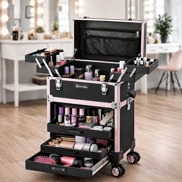 Rolling black and pink makeup train case with multiple pull-out trays and drawers, filled with cosme