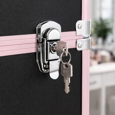 Close-up of a chrome lock with inserted keys on a black and pink makeup case