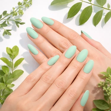 A hand with a mint green matte manicure and almond-shaped nails surrounded by fresh green leaves.