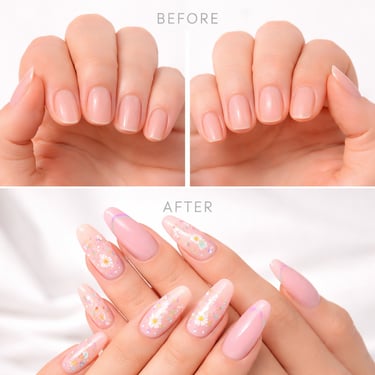Before and after comparison of short natural nails transformed into long almond acrylic nails with floral nail art.