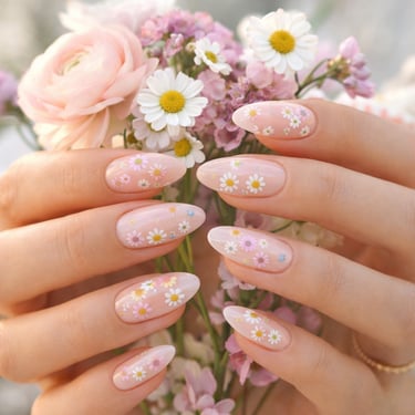 Almond shaped spring manicure with daisy floral nail art holding a bouquet of pink roses and daisies.
