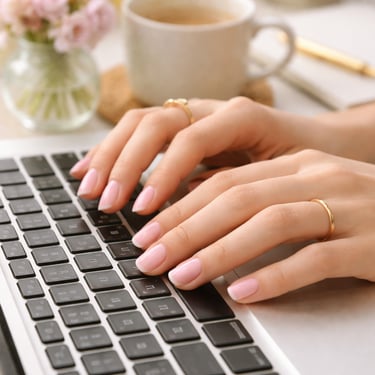 Close-up of hands with a light pink French manicure typing on a laptop keyboard near a coffee cup.