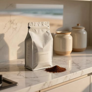 Tactile close-up of a marble kitchen counter, a bag of fresh-ground coffee, and handmade ceramic jars in soft morning light.