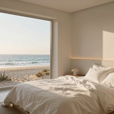 Bright sun-drenched interior of a minimalist modern bedroom, crisp white linen sheets catching soft morning light, ocean view visible outside.