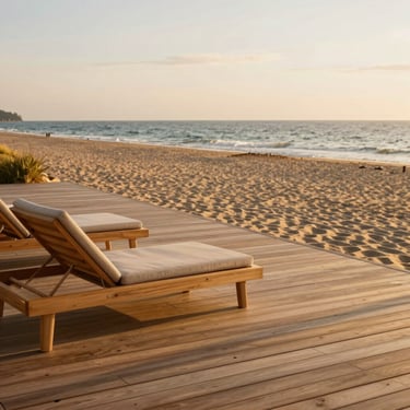 A minimalist teak deck with modern lounge chairs, overlooking a quiet private beach path at golden hour.