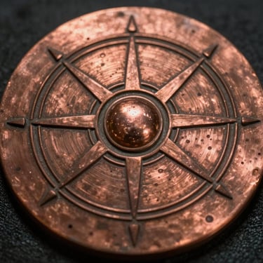 Macro shot of a Surya Yantra's solar geometry etched on copper, highlighting the metallic texture and fine lines, low-key chiaroscuro lighting, deep shadows.