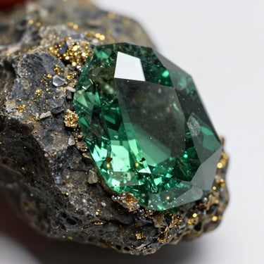 Macro shot of a raw green emerald crystal embedded in dark matrix rock, glinting gold light on its precise facets.