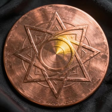 Extreme close-up macro photography of a Sri Yantra engraved on a thick copper plate, showing precise interlocking triangles, single directional gold light casting deep shadows, dark silk background.