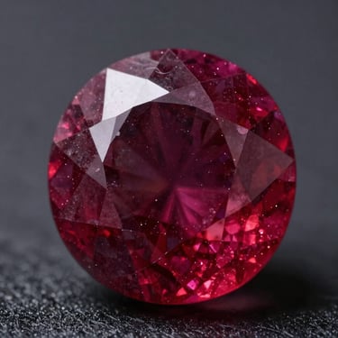 Macro shot of a pigeon-blood ruby crystal showing hexagonal growth lines, dramatic chiaroscuro lighting mimicking starlight.