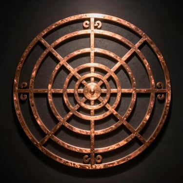 Symmetrical close-up of a copper Vastu Purusha Yantra, focusing on the geometric grid lines and central figure, dramatic gold spotlight from the side, dark void background.