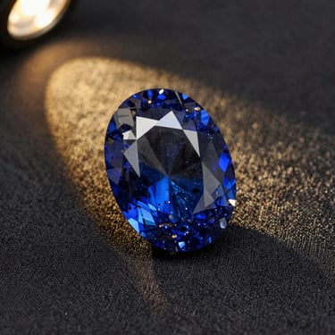Macro shot of a deep blue sapphire crystal with natural inclusions resting on dark black silk, single gold spotlight casting dramatic shadows.