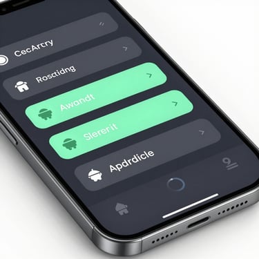 Close-up top-down shot of a modern Android smartphone displaying a clean minimalist settings menu on a dark slate interface, soft studio lighting