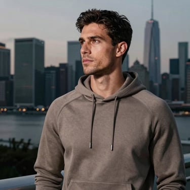 A portrait of a male athlete in his late 20s, looking over a city skyline at dusk, wearing a taupe brown training hoodie, sophisticated and moody lighting.