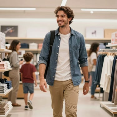 Modelo masculino sorrindo, vestindo roupa casual moderna, em ambiente de loja iluminado
