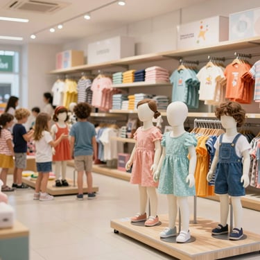 Área infantil da loja Mega Estação, com roupas coloridas e ambiente acolhedor, manequins de crianças
