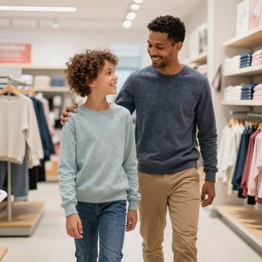 Menino e menina sorrindo, vestindo roupas infantis coloridas e modernas, brincando em ambiente de loja