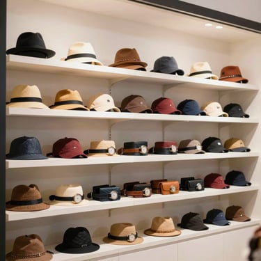 Variedade de acessórios masculinos e femininos: bonés, óculos, relógios, cintos e carteiras, dispostos em vitrine de loja, iluminação clara
