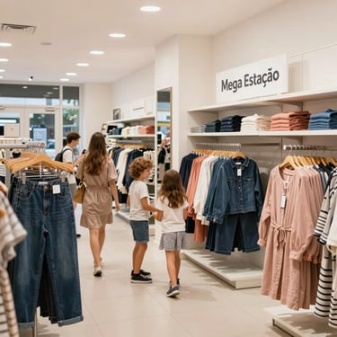 Interior moderno e organizado da loja Mega Estação, com araras de roupas bem dispostas e iluminação clara