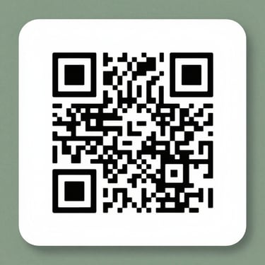 A clean, high-contrast QR code printed on a textured white card, framed by a subtle moss green border, soft natural lighting.