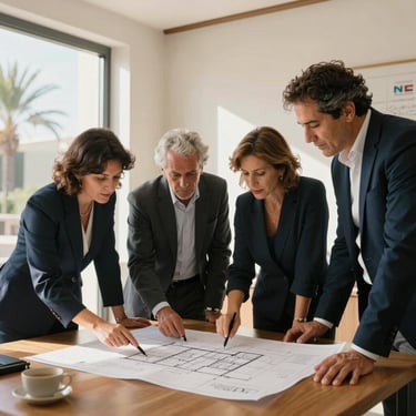 Candid portrait of the founding family team of NEA Residencial in their physical office in Valencia, reviewing architectural blueprints, warm natural light, professional and approachable atmosphere, editorial 35mm