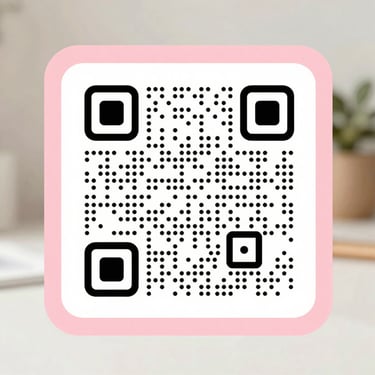 A clean minimalist graphic of a modern QR code framed by a soft pink border, elegant and high-end