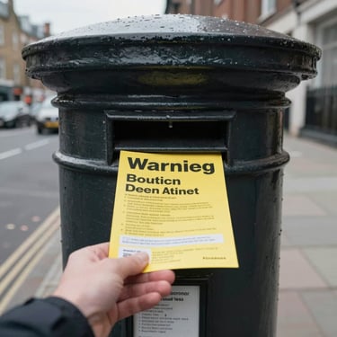 First-person perspective of a hand delivering a warning-yellow flyer through a weathered British letterbox, desaturated urban tones, overcast natural daylight, 35mm lens.