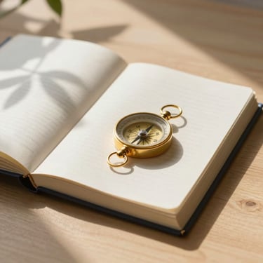 An open journal on a light wooden table, soft shadows of leaves, a delicate gold compass resting on the page, warm morning light.