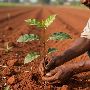 Close-up of thriving sandalwood sapling held by an agricultural expert in a field, rich red soil, warm morning light.