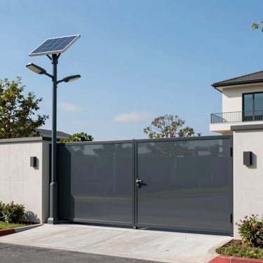 Modern gated community security entrance with solar streetlights and clear boundary walls under a bright blue sky.