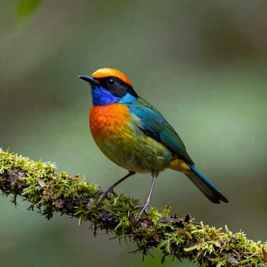 Sharp close-up of a colorful rare bird perched on a mossy branch in the dense Phulchoki forest, soft green background