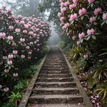 A scenic hiking path with stone stairs climbing through a misty, dense forest of rhododendron trees, soft atmospheric light