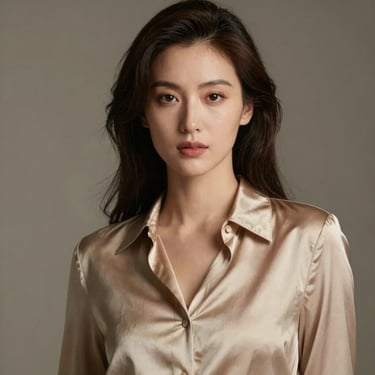 Hyper-realistic fine art portrait of the same woman, elegant champagne gold silk blouse, cinematic lighting.