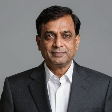 Formal professional portrait of a senior Indian male legal advocate in a dark suit and white collar, dignified expression, neutral studio background.