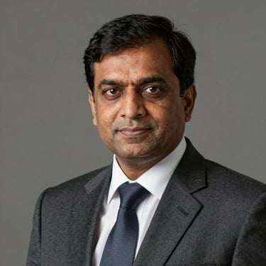 Formal professional portrait of a middle-aged Indian male human rights advocate in a professional suit, neutral background, authoritative look.