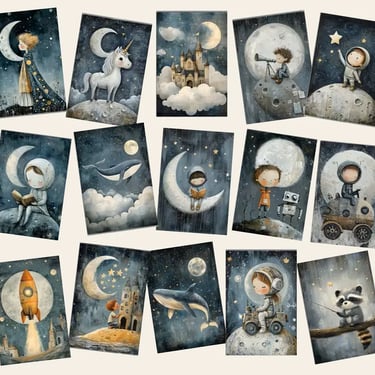 Illustrazioni di partenza a tema spazio e luna per la creazione dei quadretti artigianali. - Guance Rosse