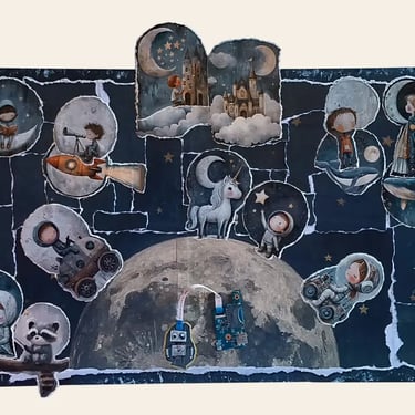 Arte onirica fiabesca, quadro materico spazio e luna con piccoli astronauti, castelli e liocorno. - Guance Rosse