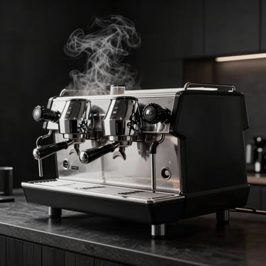A sleek, multi-group commercial espresso machine in a modern high-end cafe, warm steam rising, dramatic low-key lighting