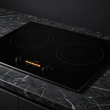 Close-up of a minimalist black induction cooktop integrated into a dark marble countertop, glowing amber indicator