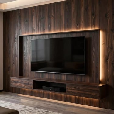 Sleek custom TV unit integrated into a dark wood feature wall with ambient LED backlighting