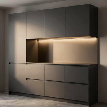 Minimalist modern kitchen cabinet with integrated lighting, matte black and champagne gold finishes