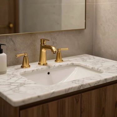 Luxury bathroom vanity with marble top, brushed gold fixtures, and custom wood paneling